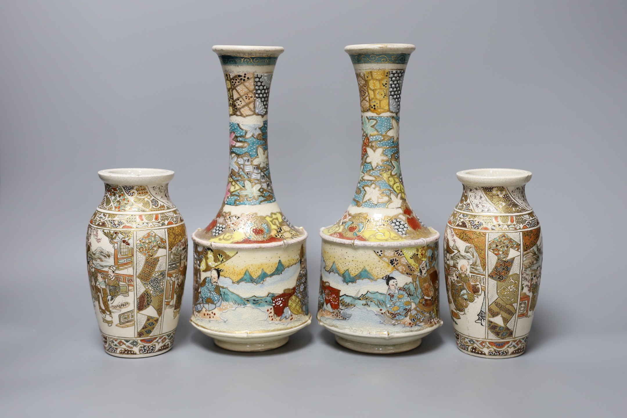 Two pairs of Japanese Satsuma vases, tallest 26cm